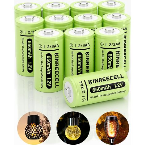 Lot de 12 piles Ni-MH 2/3 AA 1,2 V 650 mAh haute capacité 1,2 V pour lumière solaire de jardin (1/5)