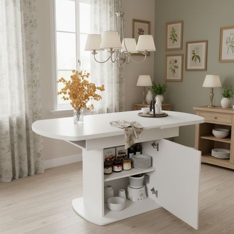 Extendable oval dining table, 110/130cm long70 cm wide, with storage function,modern minimalist style, space-saving multi-functional dining table, White+silver handles
