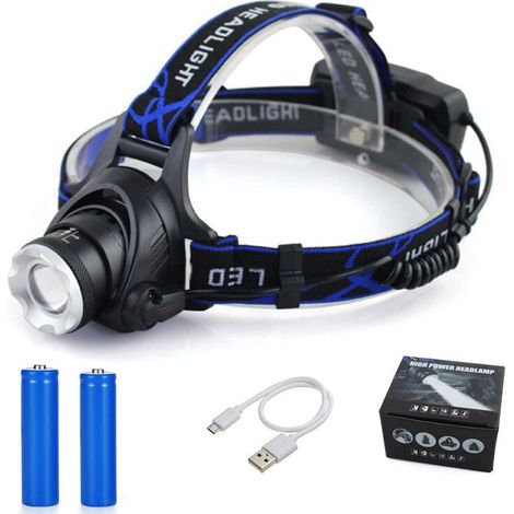 Lampe Frontale, Lampe Torche LED Rechargeable, Lampe Frontale 10000LM avec 3 Modes d’Eclairage avec Câble USB 2 Piles 18650 avec Voyant Lumineux pour Camping/Pêche/Escalade (1/5)