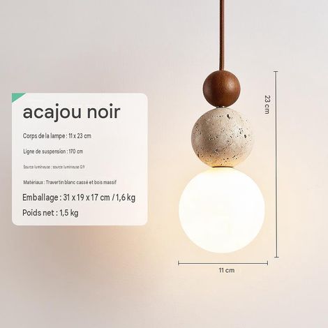 Suspension G noyer, pierre travertin, douille E27 220V, lumière tricolore