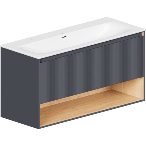 BERNSTEIN - Mueble lavabo suspendido MDF Antracita mate, lavabo DURAVIT Blanco brillo, orificios grifería, rebosadero, desagüe 123x49x62cm - BELDIVO antracita mate, Con orificio para grifo 2x (1/5)