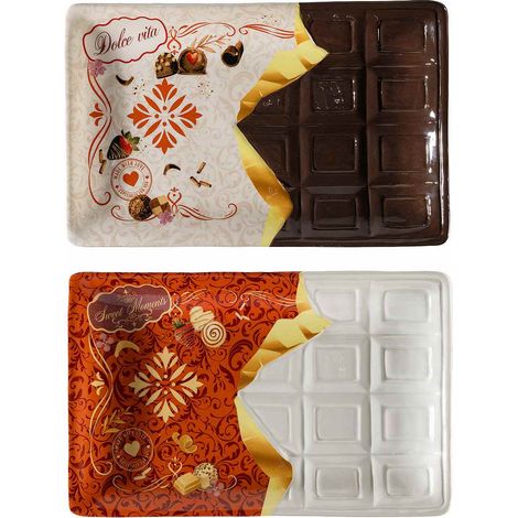 Piatti decorativi in ceramica a forma di tavoletta di cioccolato con rilievo, set da 2 pezzi