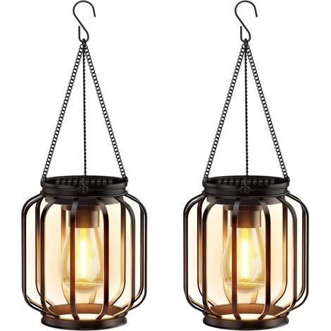 Solar-Hängeleuchte für den Außenbereich, Metall-Solarlaterne mit Kette und Haken, IP65 wasserdicht, dekorative zylindrische Hängeleuchte für Terrasse, Balkon, Hof, Garten, 2er-Set (1/5)