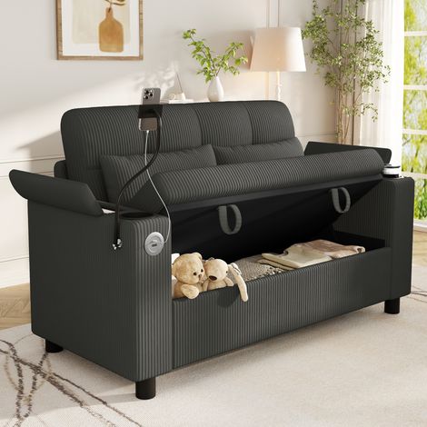 Canapé 2 Places en Velours Côtelé avec Rangement Intégré, Porte-Gobelets, Support Téléphone, USB-C et Coussins - Gris (1/5)