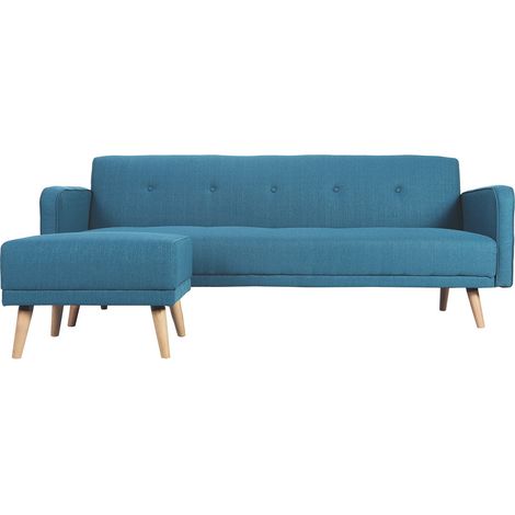 Canapé convertible scandinave 3 places avec repose-pieds en tissu bleu canard et bois clair ULLA (1/5)