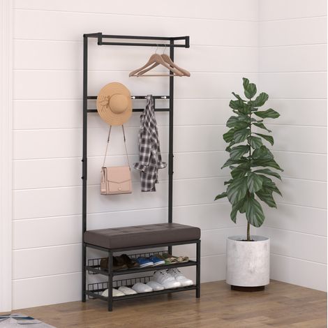Vestiaire d’entrée avec banc, porte-manteau et range-chaussures 72,5 x 35 x 180 cm noir HAVRYA (1/5)