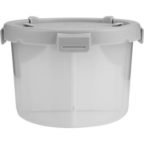 Halbtransparente, graue, kleine (1,8 l) Müslischachtel mit 4 Fächern (1/5)