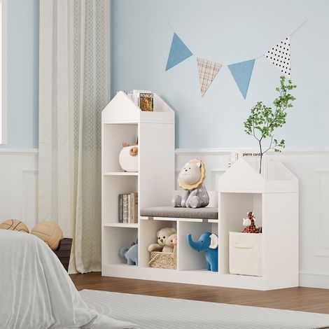 Bibliothèque Enfants en Bois, 120x30x107cm,avec 6 Casiers,étagère à Jouets,Étagère de Rangement pour Enfants Blanc,pour Chambre d’Enfants, Salon et Salle de Jeux (1/5)