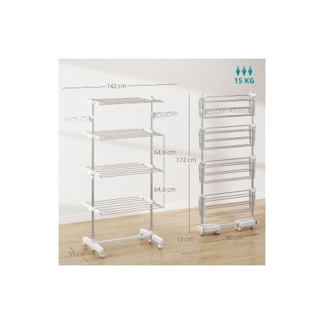 Séchoir à linge mobile, 142 x 55 x 172 cm, pliable (4 niveaux), avec roulettes, fonction de verrouillage, ailes latérales, ABS, blanc (1/5)
