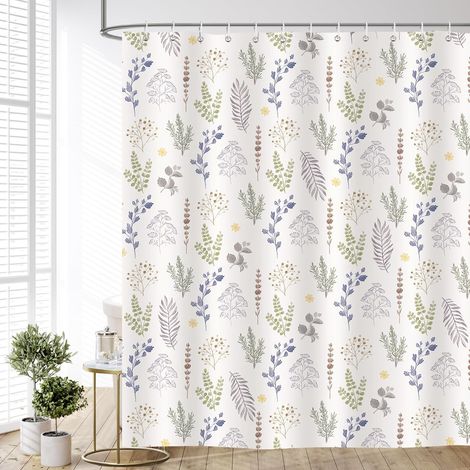 Rideau de Douche Fleurs sur Fond Beige 180x180cm, Rideau de Bain Motif Campagnard Végétal, Tissu Imperméable Résistant Moisissures avec 12 Crochets (1/5)