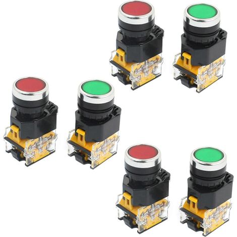 Lot de 6 interrupteurs à bouton-poussoir momentanés DPST rouge/vert, montage 22 mm, 10 A, 380 V (1/4)