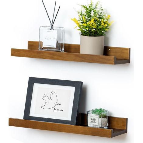 Étagères murales flottantes en Bois Massif de 40 cm avec Rebord pour Rangement, étagères murales pour Chambre d'enfant, Chambre, Cuisine, Salle de Bain, Salon, Noyer + Grain de Bois, 2 pièces (1/5)