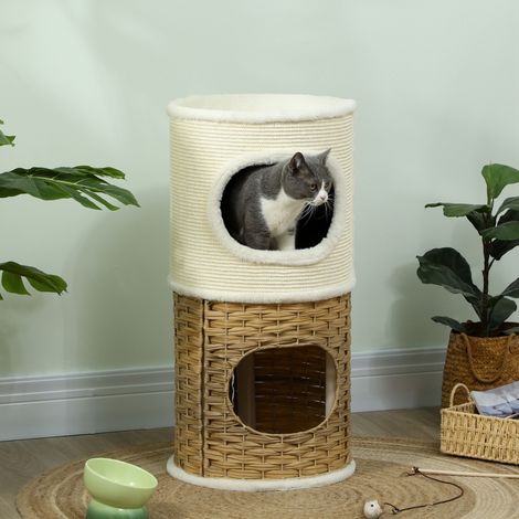 Niche pour chat d'intérieur à 3 niveaux, tour pour chat avec griffoir en sisal à griffer Ø 40 x 80 cm, crème (1/5)
