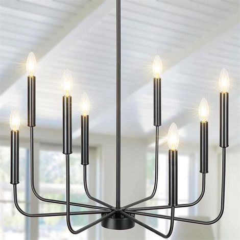 1 Lustre 8 Lumières, Fer Noir, Hauteur Réglable, Pour Salon, Salle À Manger, Cuisine