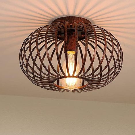 Plafonnier Rond Lanterne - Style Industriel Cage Métal, Semi-Encastré Lumière Chaude - Idée Décoration pour Couloir et Entrée (1/5)