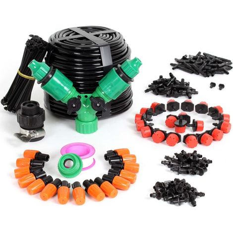 1 kit micro-irrigation, tuyau 40 m + goutteurs réglables jet fontaine, système d'arrosage localisé pour jardin, balcon et serre (1/4)