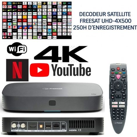 Décodeur satellite HD 4K UHD-4X500 – 200 chaînes anglaises dont 13 HD – Enregistrement 250h – PVR 4 enregistrements simultanés