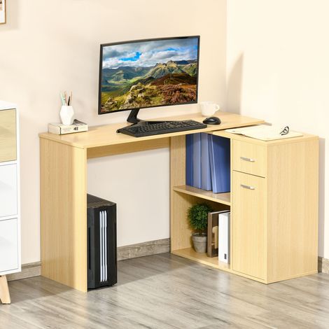 Escritorio giratorio moderno para ordenador con 2 estantes y 2 cajones, mesa de comedor de aglomerado, 117x82x74 cm, color roble y madera. (1/5)