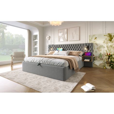 Bett mit Stauraum 160x200 cm, Samt Grau, mit Matratze, 2 Nachttischen, LED-Leselampen, USB/Type-C, hydraulischem Bettkasten (1/5)