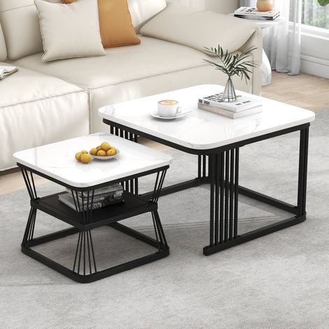 Lot de 2 tables basses 65 x 65 x 45 cm, effet marbre avec structure en acier blanc (1/5)