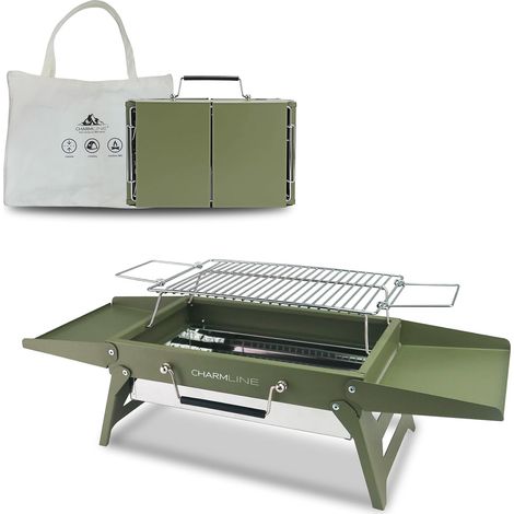 34 x 23 cm Barbecue Portable, Gril à Charbon Compact pour 1 à 3 Personnes, Gril à Barbecue pour le Camping, les Pique-Niques, les Jardins et les Fêtes de Plage, Vert (1/5)