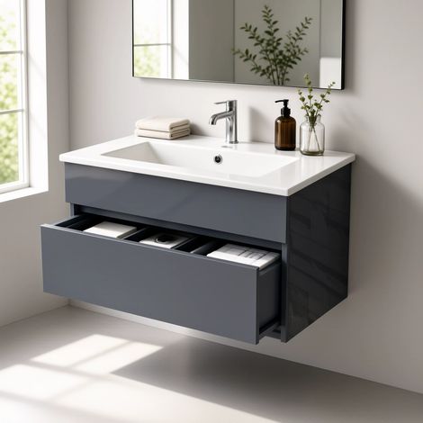 Meuble Salle de Bains avec vasque/lavabo APOLLO 60 LAQUE GRIS 1 TIROIR avec plan céramique,monté (1/5)