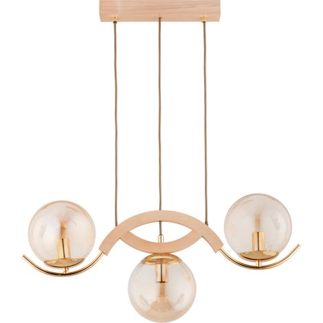 Suspension barre bois, globes verre ambre, 3xE14 Alfa (1/3)