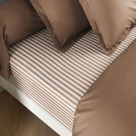 Drap housse 160x200 coton à rayures marron Terre de Nuit Horizon - Horizon