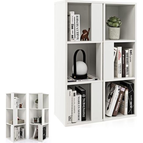 COSTWAY Bibliothèque à 3 Niveaux Lot de 2 avec 6 Compartiments, Bibliotheque Étagère Rangement Style Industriel Dispositif Anti-Basculement pour Salon,Bureau-Blanc (1/5)