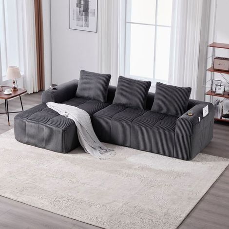 Canapé d'angle - SOGEU - Canapé modulable - Velours côtelé gris foncé - Rangement latéral & porte-gobelet - 253x158x61 cm (1/5)