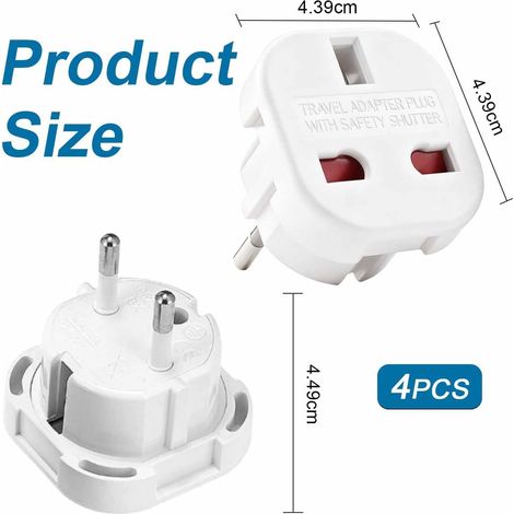 4Pcs UK vers EU Adaptateur de Voyage,Adaptateur Prise Anglaise vers Prise Française,Cet Adaptateur pour l’Europe, France, Allemagne,Italie,Espagne,Blanc (1/4)