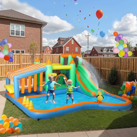 Château gonflable pour enfants, avec toboggan aquatique, pataugeoire et mur d'escalade, pour une utilisation intérieure et extérieure, 360 x 315 x 195 cm, coloré