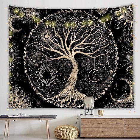 Wandteppich „Baum des Lebens“, Mond und Sonne (150 x 200 cm), Schwarzer psychedelischer Wandbehang, Mandala-Wandteppich, Hippie-Wanddeko, Studentenwohnheim