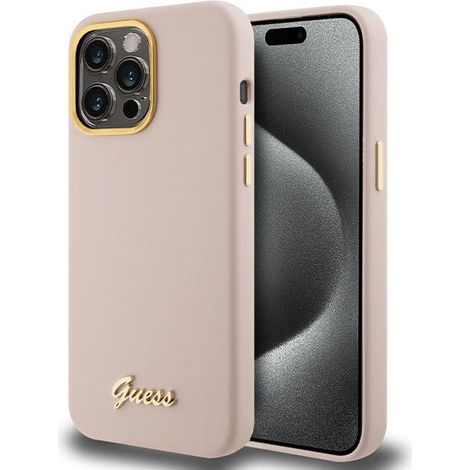 Guess GUHCP15LSMBSLP Custodia rigida rosa in silicone con scritta e cornice in metallo per iPhone 15 Pro 6.1". (1/5)