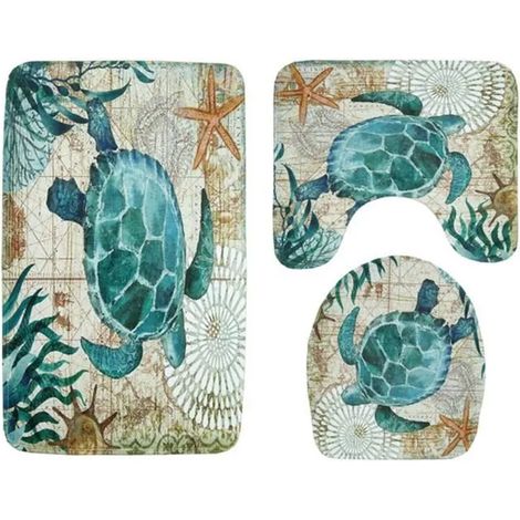 Tapis De Salle De Bain - Ensemble 3 Pièces - Motif Tortue Marine - Dimensions 29,5 X 17,7 Pouces + 16,5 X 15 Pouces + 15,4 X 17,7 Pouces - Microfibre Épaisse - Antidérapant TPR - 3 Pièces (1/5)