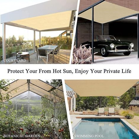 Tenda parasole rettangolare in tela HDPE 95% anti-UV per auto, con corde e fascette per giardino, terrazzo, balcone, campeggio, pergolato, 1 metro, 1 foro, color sabbia (3x4 m) (1/3)