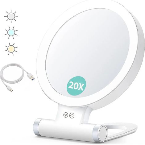 Specchio per il trucco portatile a LED con ingrandimento 20x, bifacciale, ricarica USB, pieghevole. (1/5)