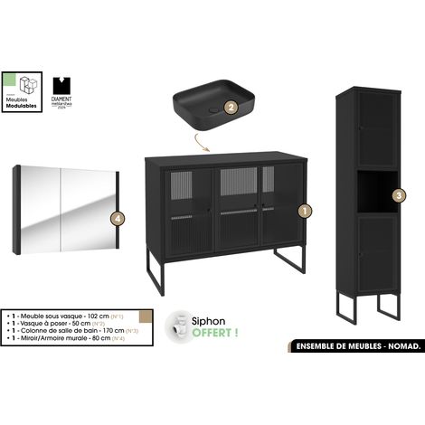 Ensemble complet de salle de bain - Meuble - Colonne - Miroir - Vasque avec Siphon OFFERT NOMAD NOIR 102 x 80 x 43 cm (1/5)