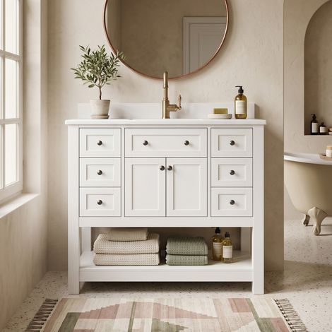URBAN MEUBLE Meuble vasque céramique blanc MDF, 7 tiroirs 91,5x46,5x90cm (robinet non inclus) (1/5)