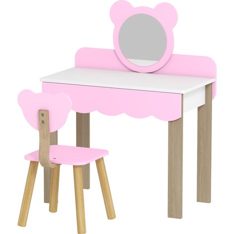 Ensemble coiffeuse enfant avec tabouret, miroir de maquillage, forme d'ours, tiroir, MDF, rose