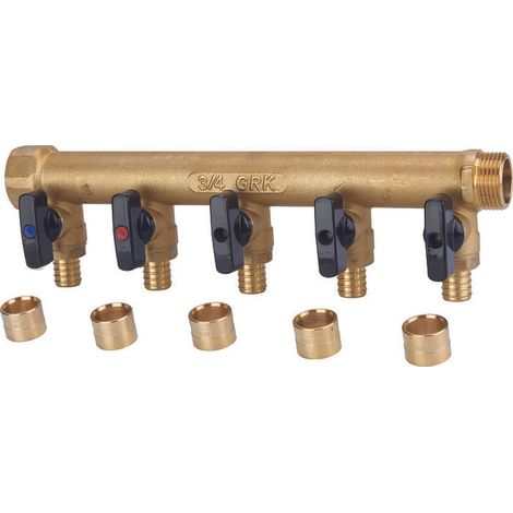 GRK – Collecteur PER à glissement – Raccord M/F 3/4' – Diamètre 16 mm – 5 sorties – Corps en CW617-N avec joint torique EPDM