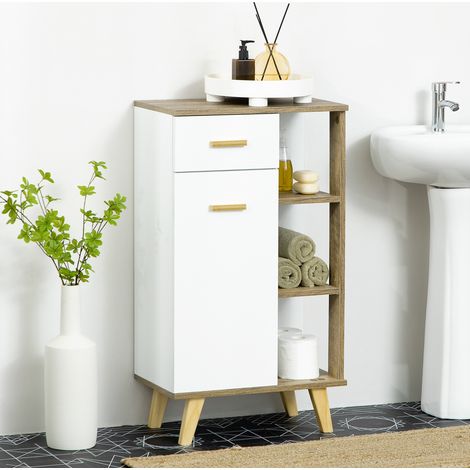 Moderner Badezimmerschrank mit Schrankfach, Schublade und Holzregalen, platzsparender Mehrzweck-Badezimmerschrank mit erhöhtem Sockel, 50 x 30 x 89 cm, Weiß