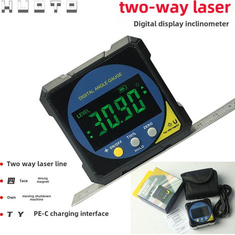 Inclinomètre à affichage numérique laser haute précision, niveau magnétique infrarouge pour le travail du bois et l'ingénierie (boîtier d'inclinaison laser double bleu DCJ95SH) (1/5)