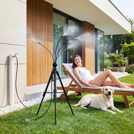 Brumisateur Extérieur sur Pied, Trépied Stable Hauteur Réglable 85-146cm, Système de Rafraîchissement pour Terrasse Jardin Piscine Barbecue Animaux, 8m Tuyau