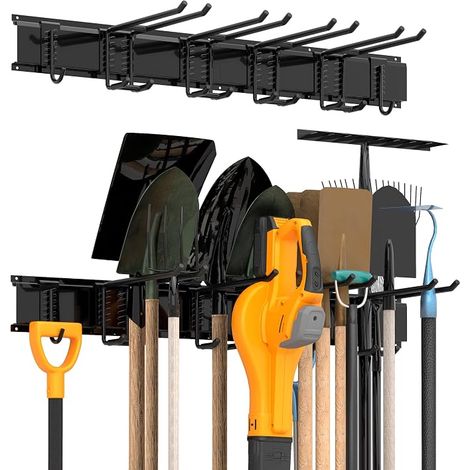 Garage Tool Storage Rack, Heavy Duty Wall Mounted Storage System with 6 Double Hooks, 2 Rails, Hanging Rack for Garden Tools, Ski Equipment, Broom, Rake, (1/5)