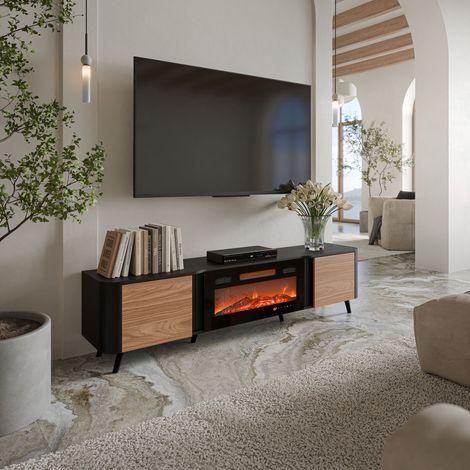 Mueble de TV Vicino, aparador de salón con dos puertas batientes y chimenea eléctrica, elevado del suelo, 191x40 h58 cm, negro y nogal (1/5)