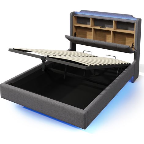 Cama tapizada 140 x 200 cm gris con LED, almacenaje hidráulico, USB y Tipo-C (1/5)