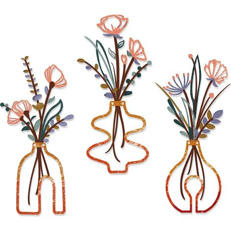 3 pièces de décoration murale en métal représentant des fleurs minimalistes dans un vase suspendu art mural en fer sculptures murales suspendues à motifs floraux pour le salon la salle de bain (1/5)