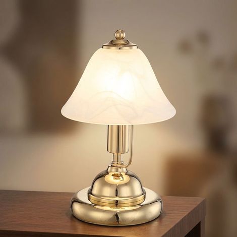 Tischleuchte Messing Tischlampe Touch Schreibtischleuchte Antik Glas Alabaster, Kabel 1,5m, 1x E14 Fassung, DxH 17x27 cm