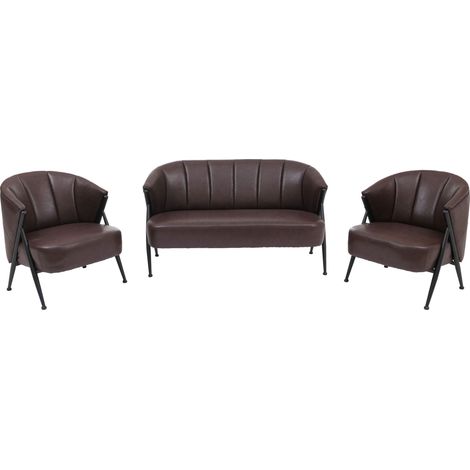 Salon complet vintage industriel canapé 2 places et 2 fauteuils métal simili cuir brun foncé 040008977 (1/5)